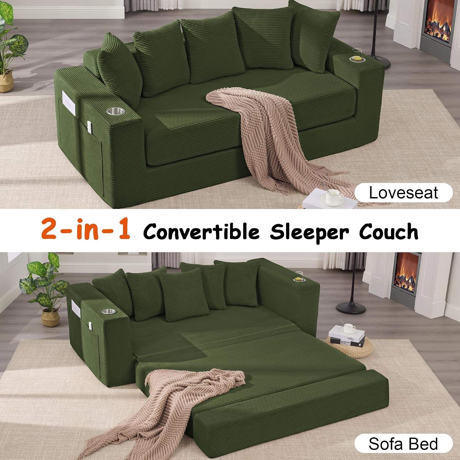 76' Convertible Sofa Bed, 2-in-1 Boneless Sleeper Sofa with Cup Holder & Pocket, Corduroy Pull Out Couch with 5 Pillows, Couch Bed for Living Room, Small Spaces, Bedroom, No Assembly