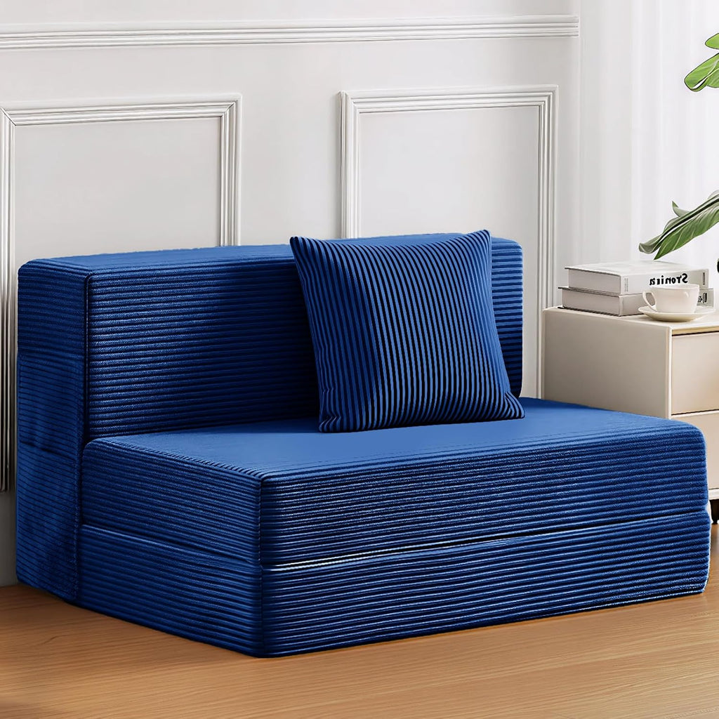 JKMAX Twin Size Folding Sofa Bed - 4 in 1 Convertible Sleeper Chair with Pillow - High Density Memory Foam Futon Couch - Foldable Bed for Living Room Bedroom (Blue)
