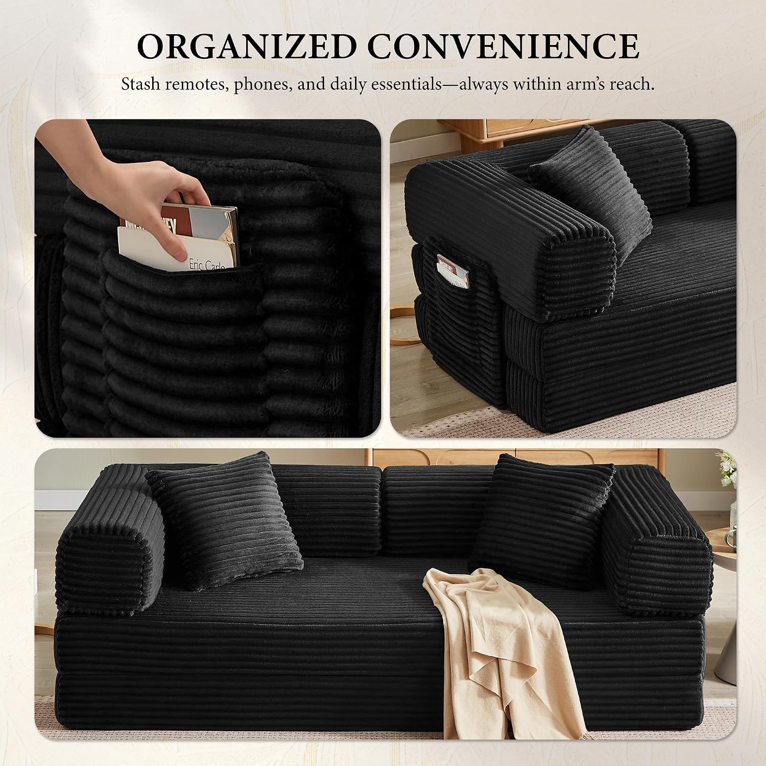 Boneless Couch Futon Sofa Bed Sectional Couches for Living Room,Cloud Couch with Sleeper Sofa,Sofas for Living Room Oversized Corduroy Upholstered (Black, 81 Inches (with Iron Frame))