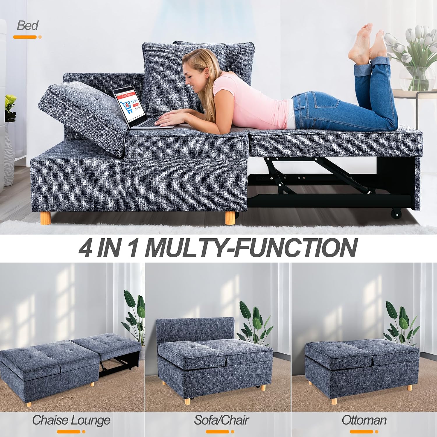 SEJOV Sofa Bed 4-in-1 Convertible Sofas & Couches, 3-Seat Linen Fabric loveseat Sofa with 2 Throw Pillow, Single Recliner for Small Space with 5 Adjustable Backrest, Blue