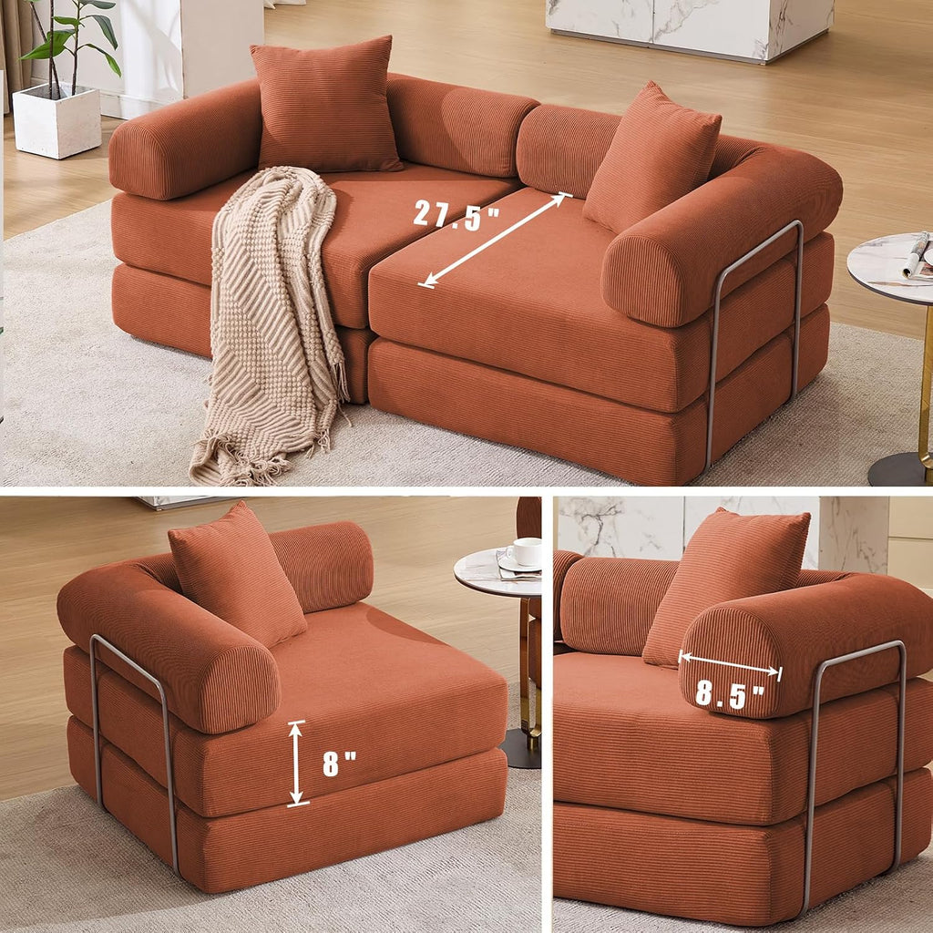73' Convertible Modular Folding Sofa Bed, 5-in-1 DIY Combination Fold Out Sleeper Sofa Bed, Loveseat sleeper Couch with Removable Armrests, Corduroy Floor Couch, Small couches for small spaces, Orange