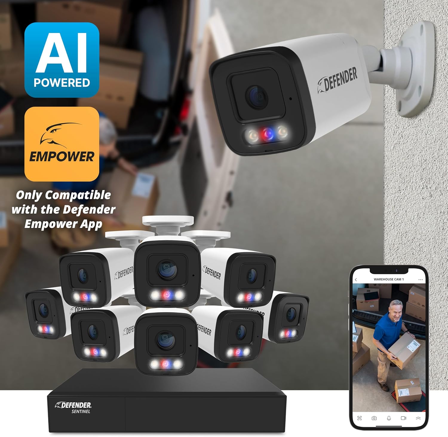 Defender AI Powered Sentinel Pro Turret 8CH NVR PoE Security Camera System, 8pc Metal Turret Cameras, 109° Wide Angle, IP66 Rated, Audio Recording, Web Viewing, 1TB HDD, Works w/Empower App