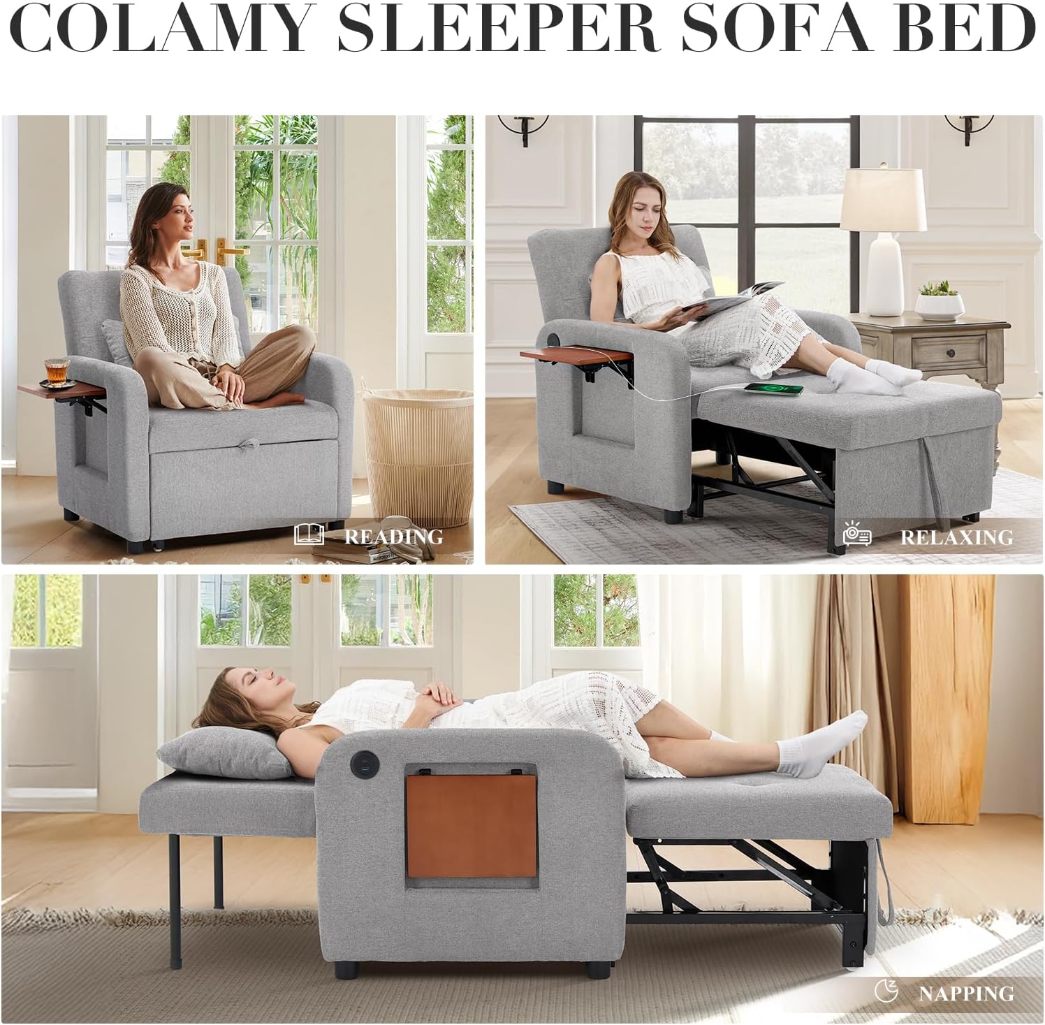 COLAMY Convertible Sleeper Chair-Fabric Futon Sofa Bed, Single Sleeper Sofa, Small Couch Bed with USB Port, Foldable Table, Pillow, Adjustable Backrest for Dorm/Bedroom/College Lightgrey