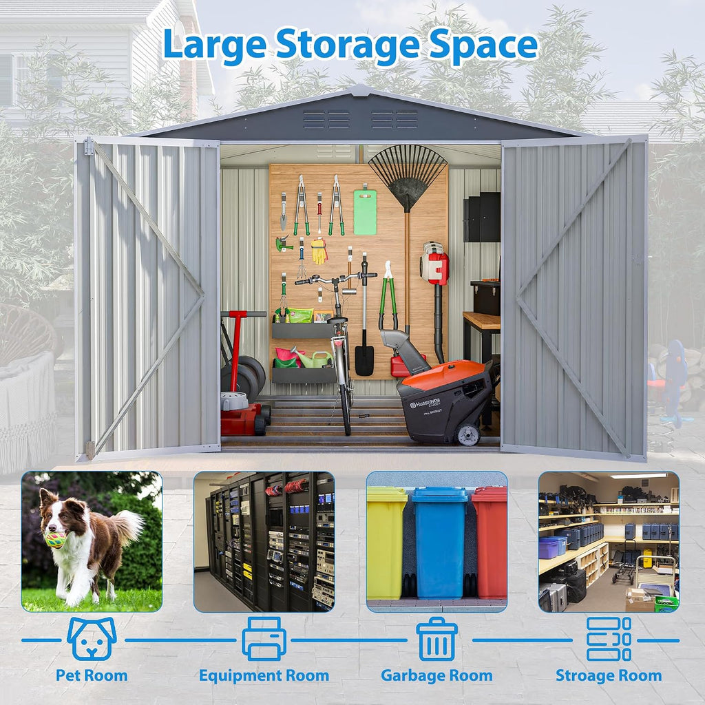YOPTO 8 x 6 FT Outdoor Storage Shed with Floor Frame,Utility Metal Tool Storage with Lockable Doors,Air Vents & Waterproof Roof, Large Garden Shed for Backyard, Patio Lawn,Gray