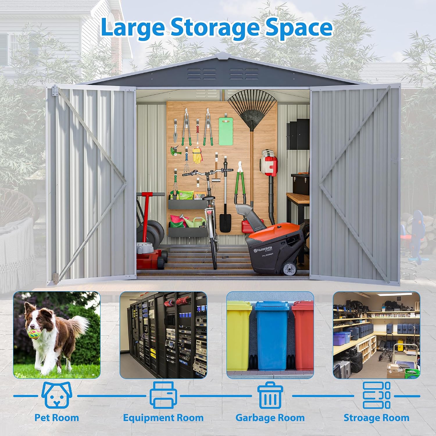 YOPTO 8 x 6 FT Outdoor Storage Shed with Floor Frame,Utility Metal Tool Storage with Lockable Doors,Air Vents & Waterproof Roof, Large Garden Shed for Backyard, Patio Lawn,Gray
