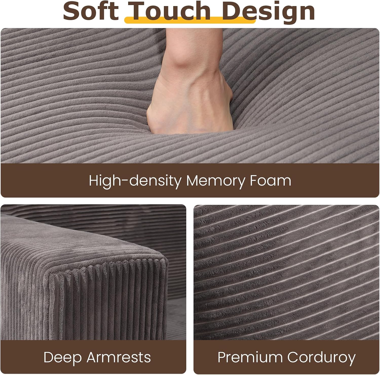 cidludto Convertible Sofa Bed, 3 in 1 Loveseat Folding Couch Bed Foldable - Boneless Couch & Floor Futon Sleeper, Corduroy Pull Out Sofa Bed with 4 Pillows for Living Room, Grey