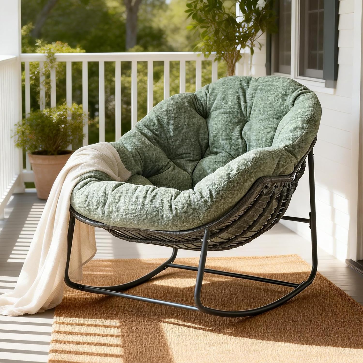 Oversized Outdoor Papasan Rocking Chair with Soft Cushion, Comfy Patio Egg Chair, Wicker Lounge Rocker for Balcony/Porch/Garden, Reinforced All Weather Rattan Frame, 330 lbs Support, Hunter Green