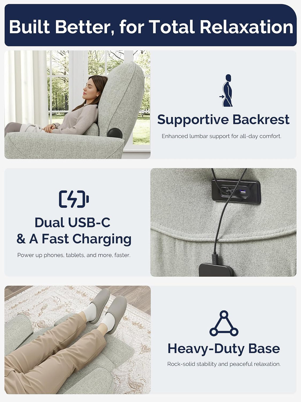 KINGYES Power Recliner Chair, 270° Swivel Glider, Living Room Recliner with USB-C Port, Nursery Rocking Chair, Gray