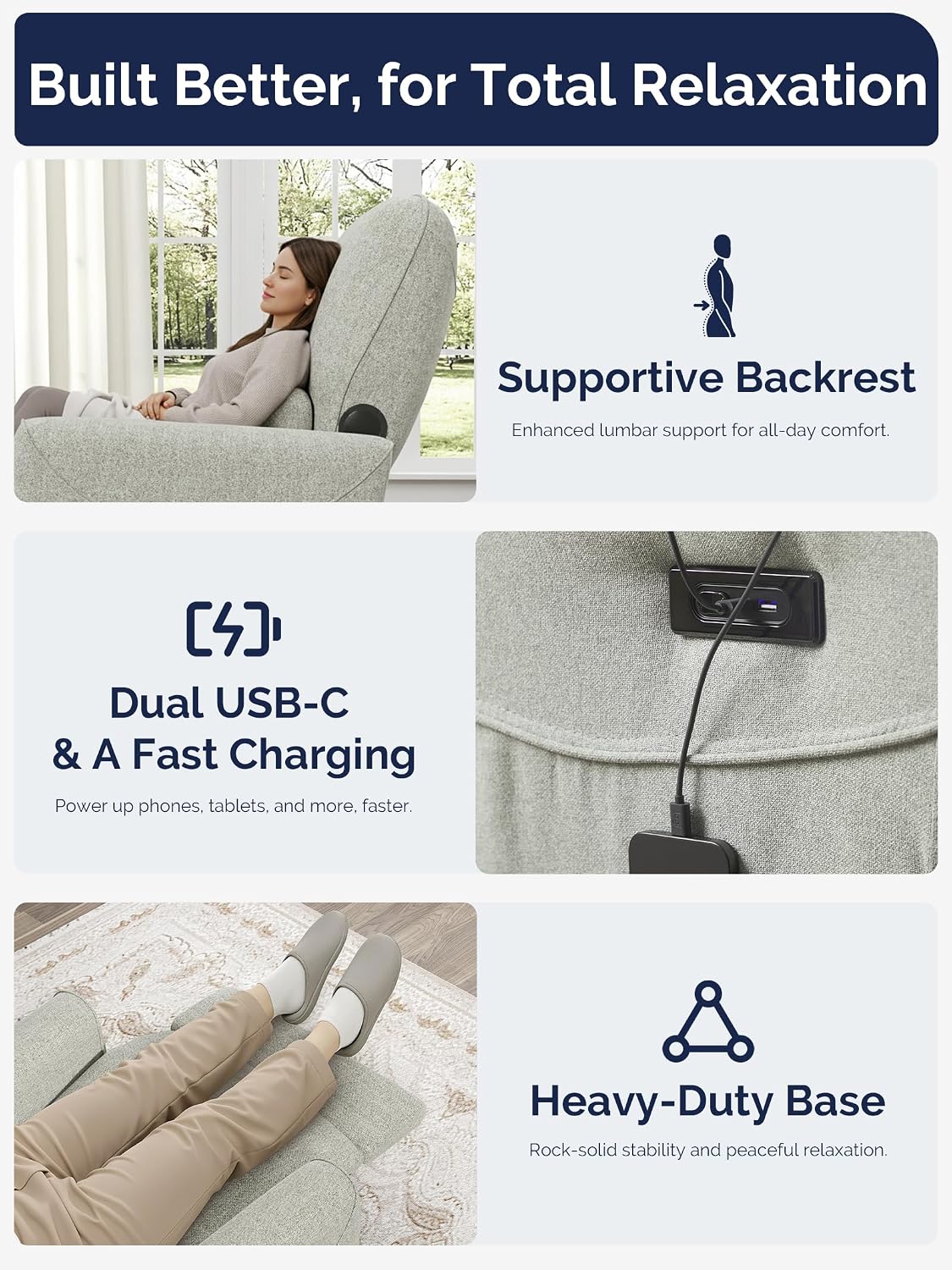 KINGYES Power Recliner Chair, 270° Swivel Glider, Living Room Recliner with USB-C Port, Nursery Rocking Chair, Gray