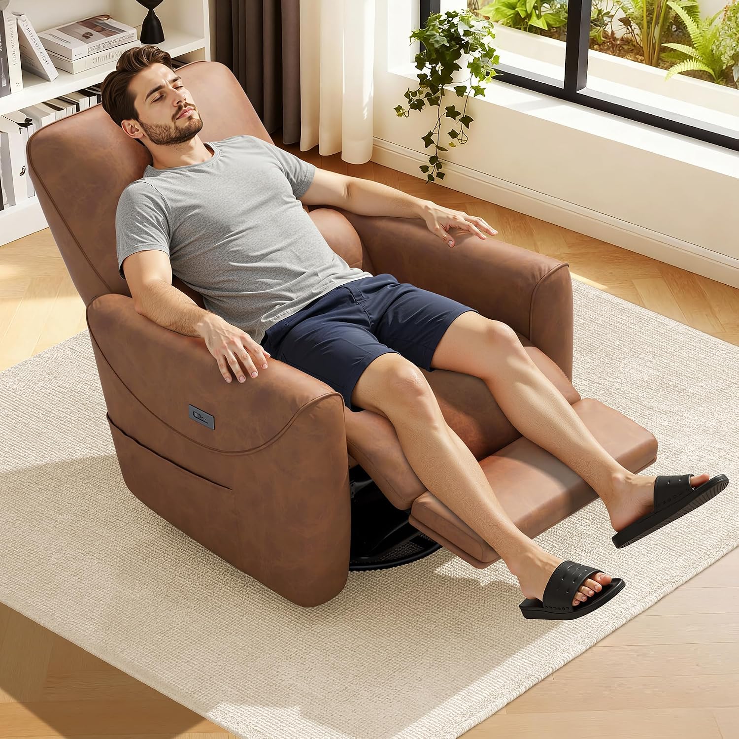KINGYES Nursery Recliner Rocking Chair, 270° Swivel Glider, with Bluetooth Speaker & USB-C Port, Faux Leather Nursery Rocking Chair, Brown