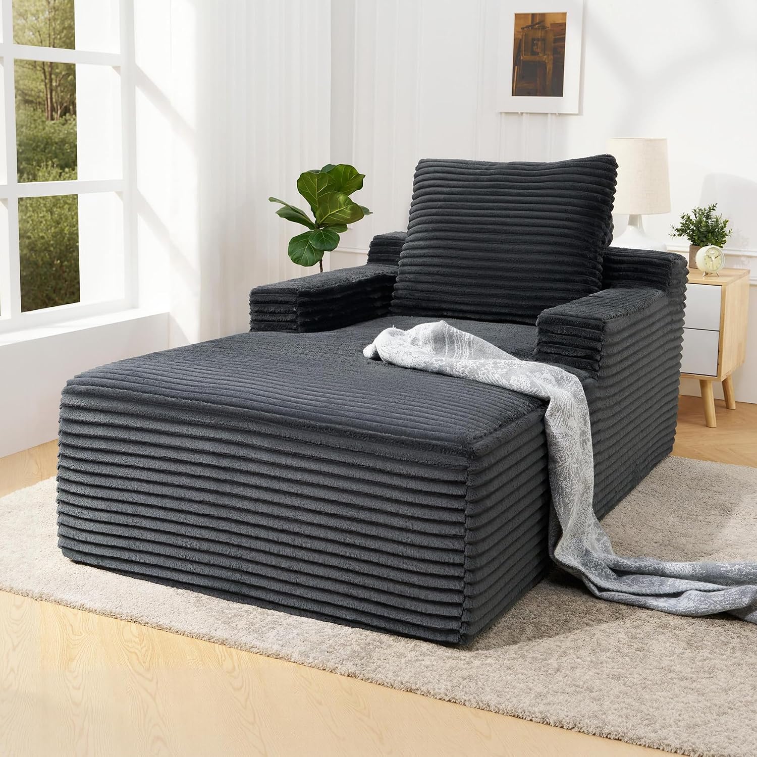 VanAcc 65' Chaise Lounge Sofa, Luxury Corduroy Sleeper Chaise with Armrests and Throw Pillows, No-Assembly Couch for Living Room or Apartment, Gray