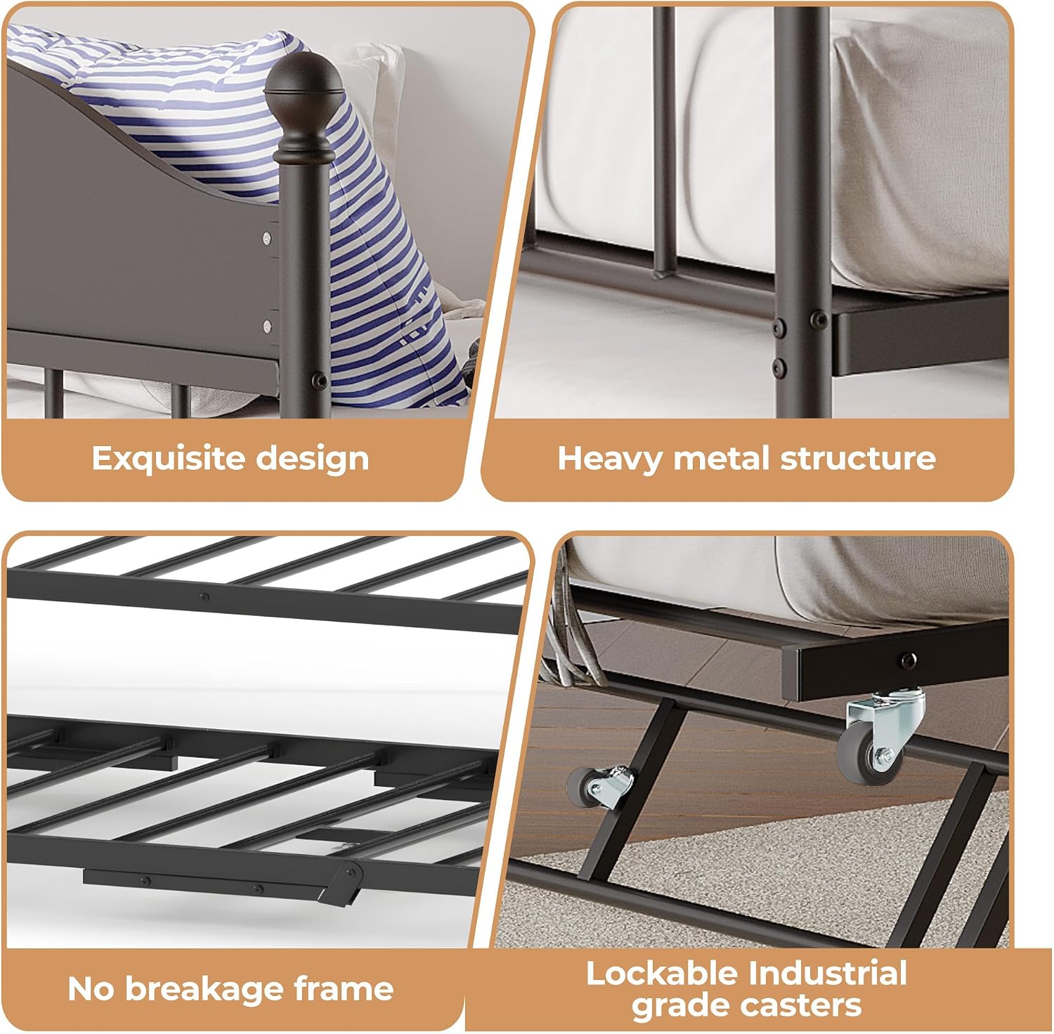 IDEALHOUSE Twin Metal Daybed with Pop-Up Trundle, Heavy Duty Steel Slats Platform Bed with Stylish Headboard, Convertible Sofa Bed Frame for Living Room, Bedroom, or Guest Room, Black