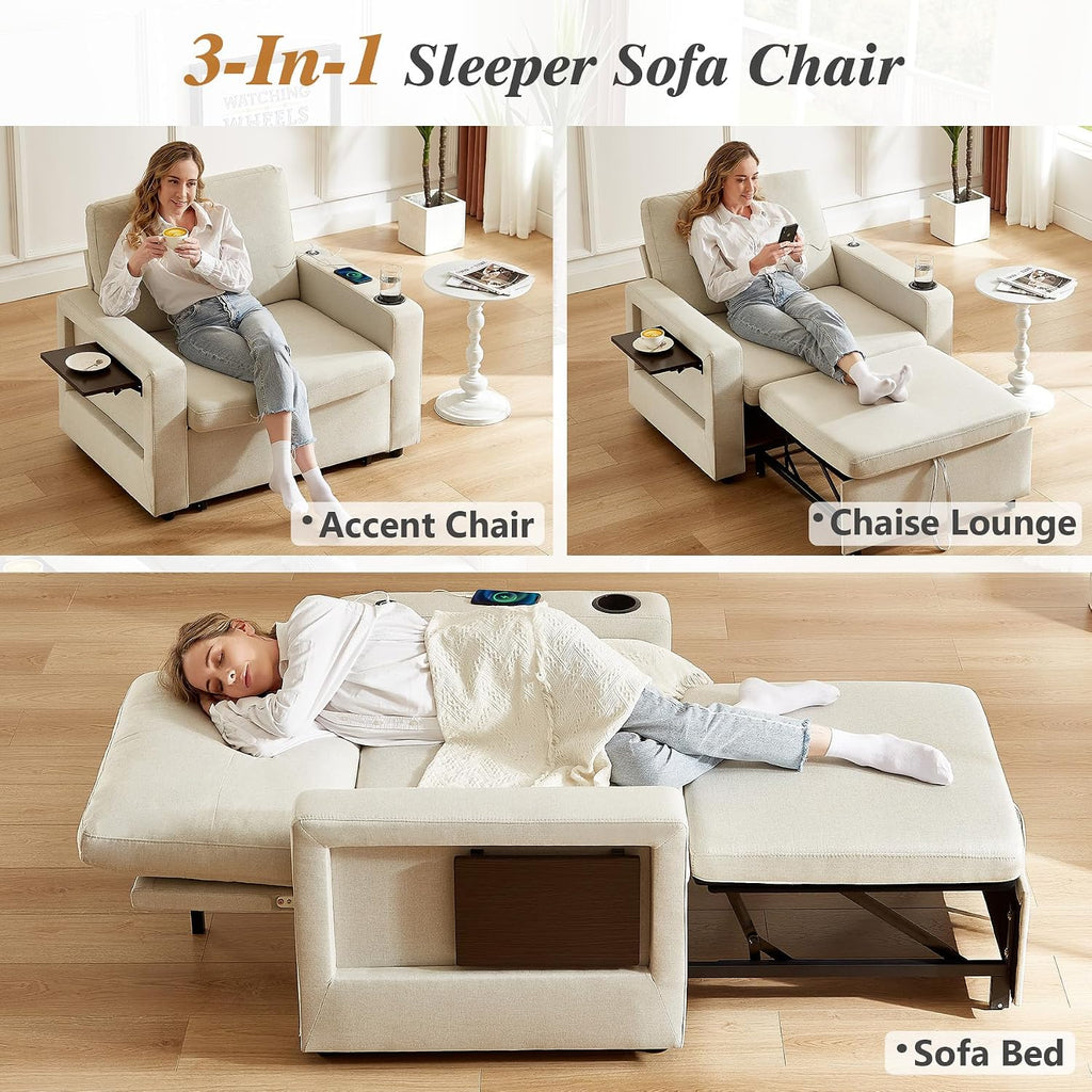 WEUP 42.5' Sleeper Chair Bed, 3-in-1 Convertible Reclining Sofa Chair with Pull Out Couch Bed, Adjustable Backrest, Side Pockets, Cup Holder, USB Ports & Wing Table, Premium Beige