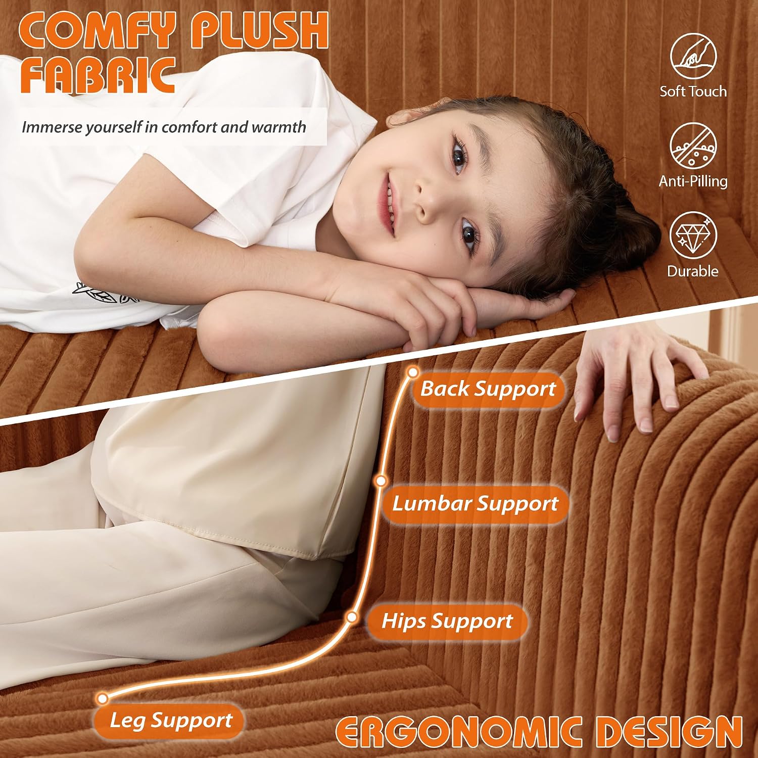HABUTWAY Folding Sofa Bed, 2 in 1 Convertible Sleeper Chair with Armrest, Portable Fold Out Chair Bed, Comfy Floor Couch, Multi-Functional Lazy Sofa for Living Room Bedroom Dorm Home Office, Caramel