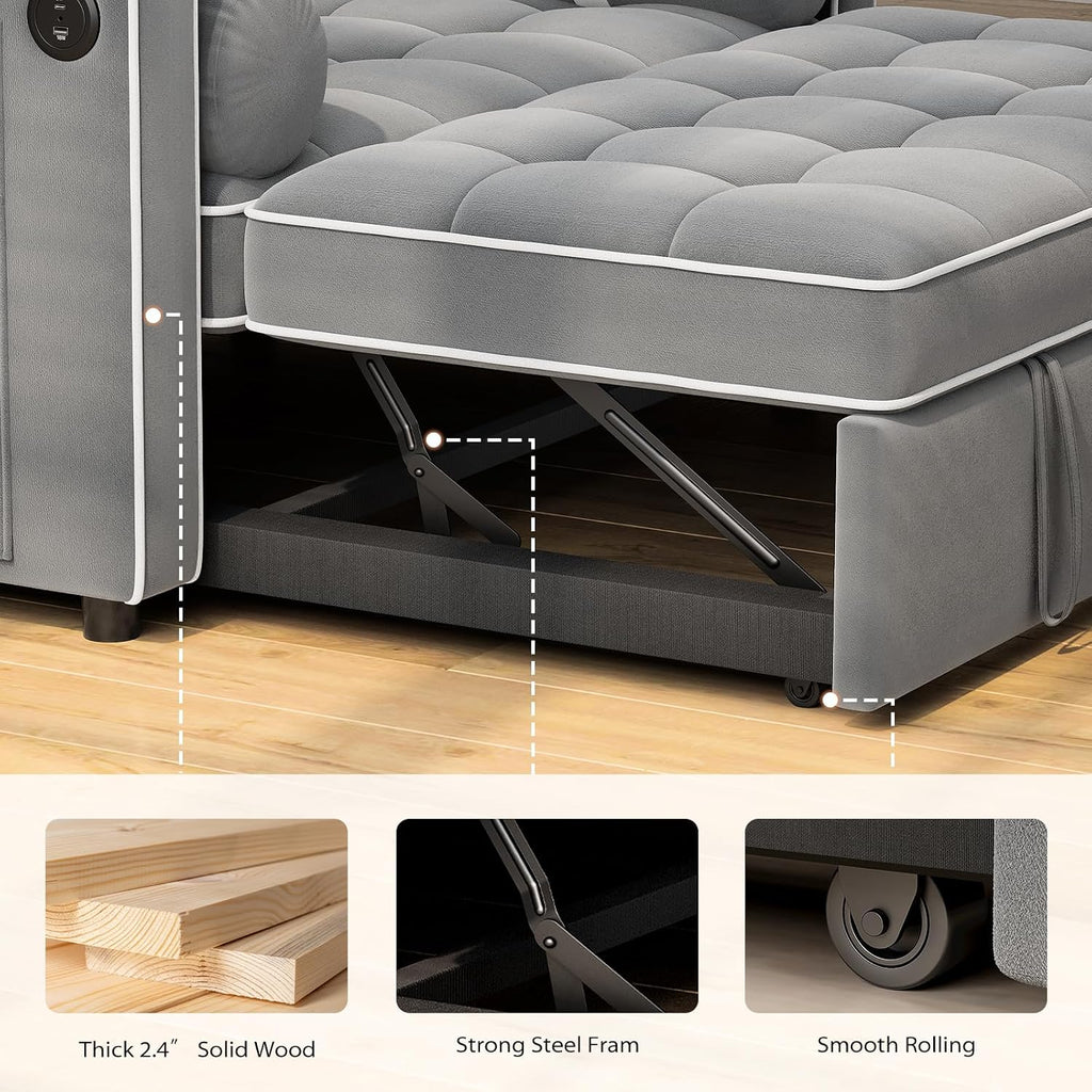 Pipishell 3 in 1 Convertible Sleeper Sofa Bed,Pull Out Couch for Living Room with USB Ports & Side Pockets,Adjustable Backrest,Velvet,Loveseat Sofa Bed,Futon Couches, Grey