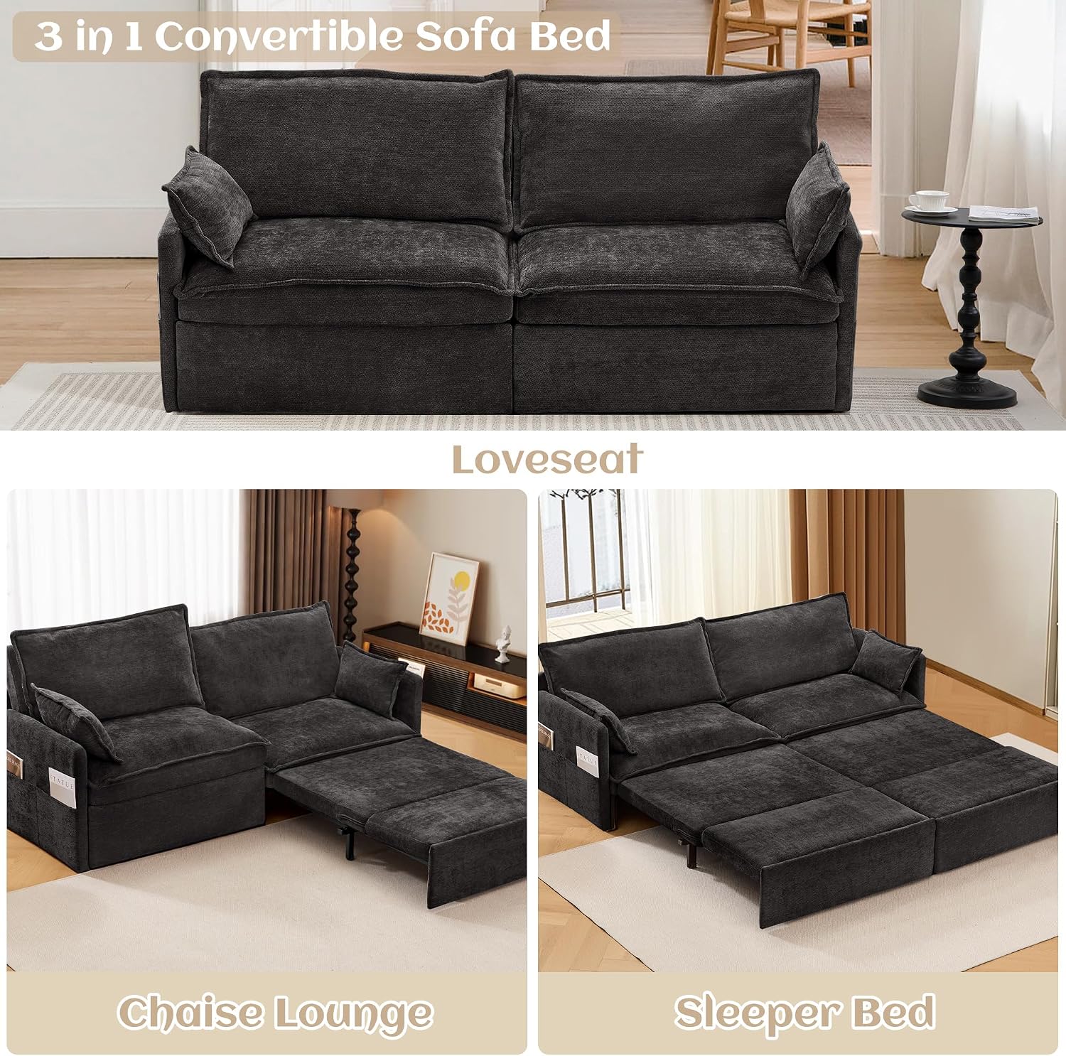 SUNWAVE 74' King Pull Out Sofa Bed - Convertible Sleeper Sofa Bed, Space Saving Corduroy Loveseat Chaise Lounge with USB Charging, Side Pockets for Living Room, Bedroom, Small Spaces(Ink, 74')