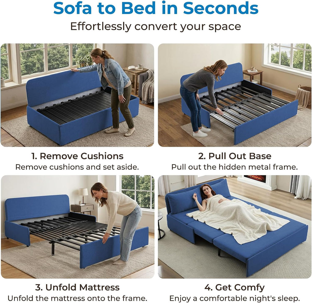 Mjkone 64' Width Queen Size Sleeper Sofa Bed, 2-in-1 Modern Convertible Linen Sofa Sleeper Pull Out Couch Bed with Cushions & Throw Pillows for Living Room Home Office Small Place, Blue