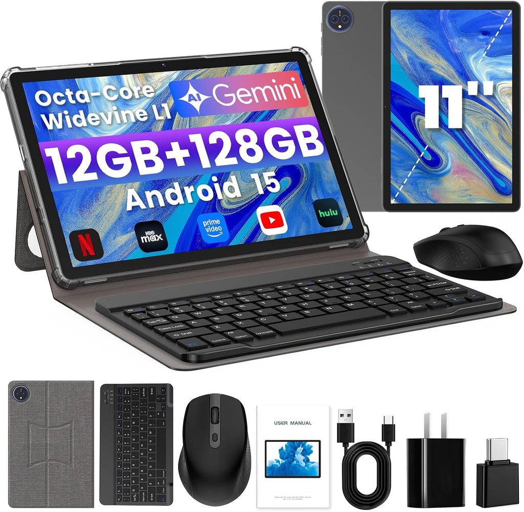 Tablet, Android 15 Tablets 11 Inch with Keyboard/Case, 12GB RAM, 128GB Storage Expandable to 2TB, Octa-Core, 12H Battery Life, 2 in 1 Tablets with Mouse for Learning, Gaming, Streaming