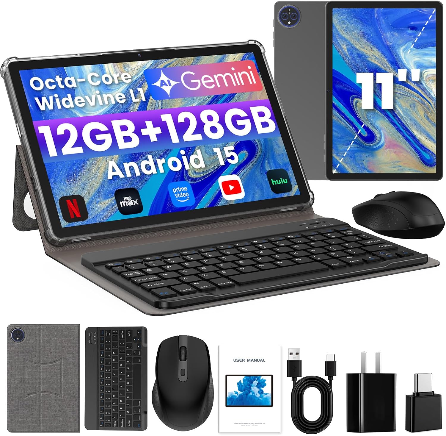 Tablet, Android 15 Tablets 11 Inch with Keyboard/Case, 12GB RAM, 128GB Storage Expandable to 2TB, Octa-Core, 12H Battery Life, 2 in 1 Tablets with Mouse for Learning, Gaming, Streaming