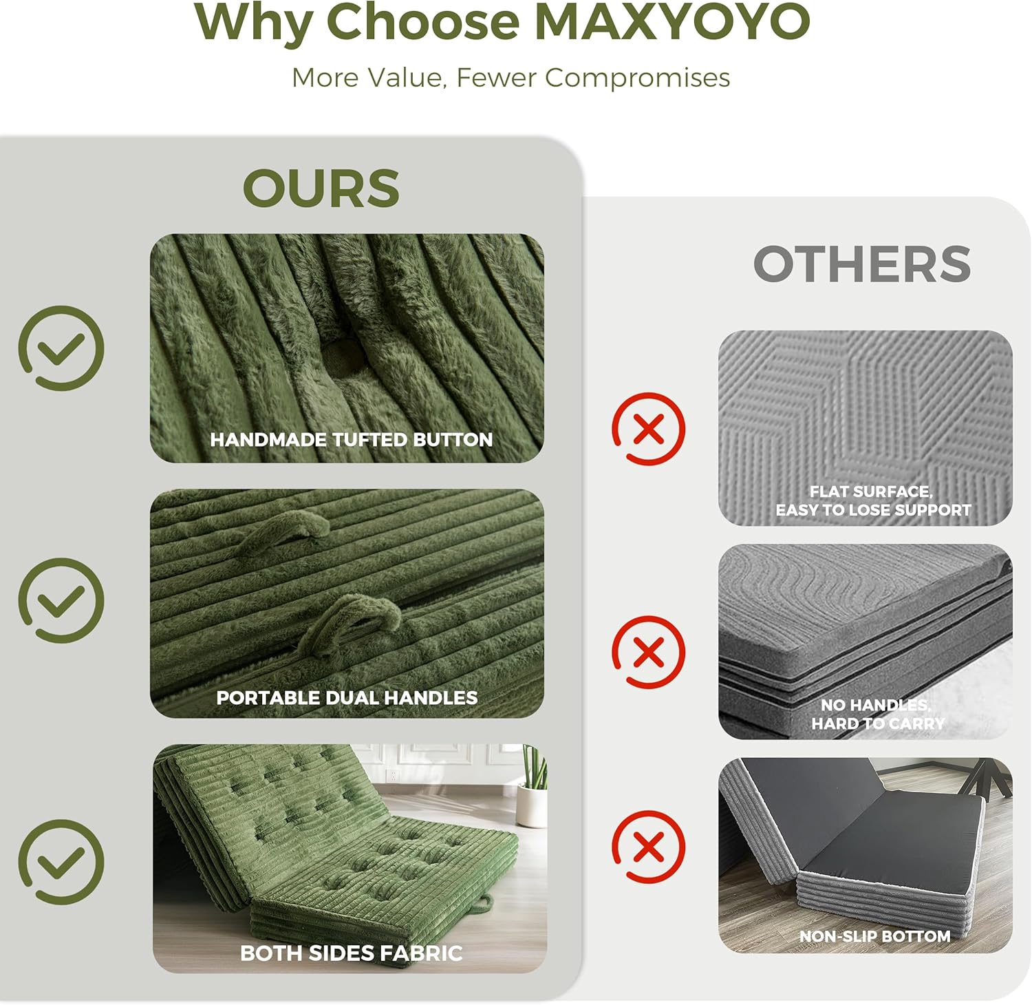 MAXYOYO Floor Sofa Couch, 6 Inch Tri-Fold Floor Sofa Bed, Folding Mattress with Handles, Soft Faux Fur Folding Bed with Supportive Foam Filling, Portable Couch for Living Room, Full, Dark Green