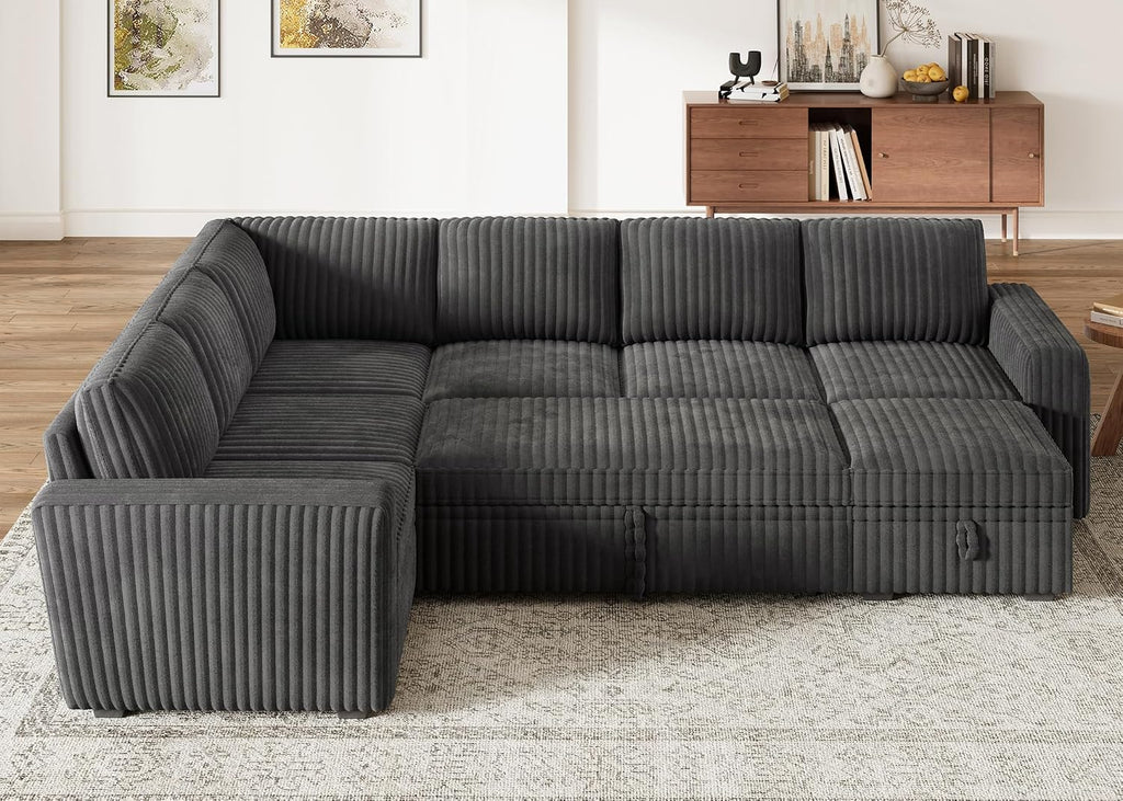 HONBAY Modular Sectional Sleeper Sofa with Pull Out Bed,Corduroy U Shaped Couch with Storage, Sectional Couches for Living Room,Dark Grey