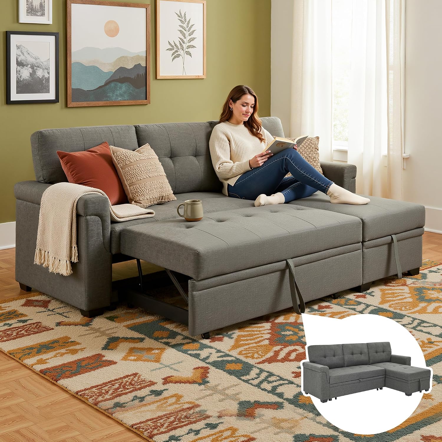 L Shaped 3 Seat Sofa Bed with Storage, 86' Sleeper Sofa Couch with Pull Out Chaise Sectional Couch for Apartment, Bedroom, Living Room, Gray