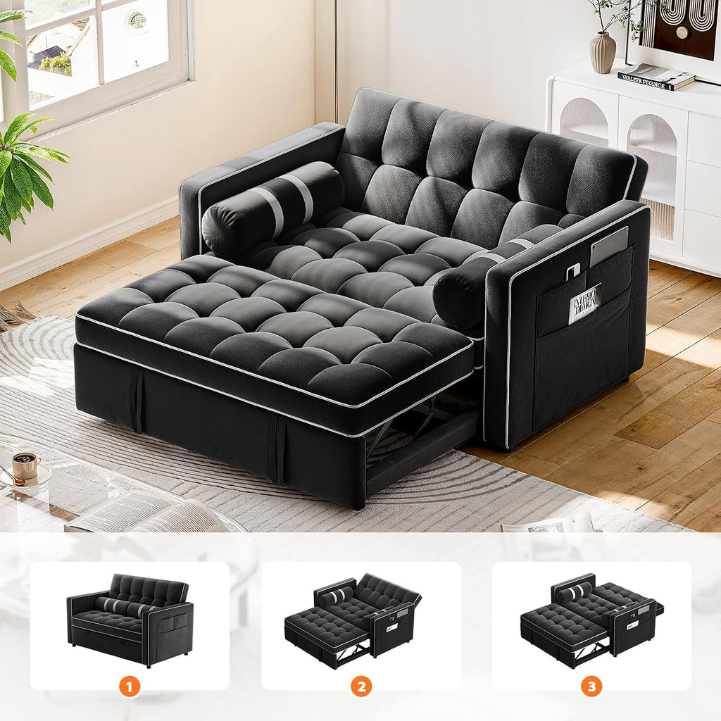 Pipishell 3 in 1 Sleeper Sofa Bed, Pull Out Couch for Living Room with USB Ports & Side Pockets, Adjustable Backrest, Convertible Loveseat Sofa Bed, Futon Couches, Charcoal Black Velvet