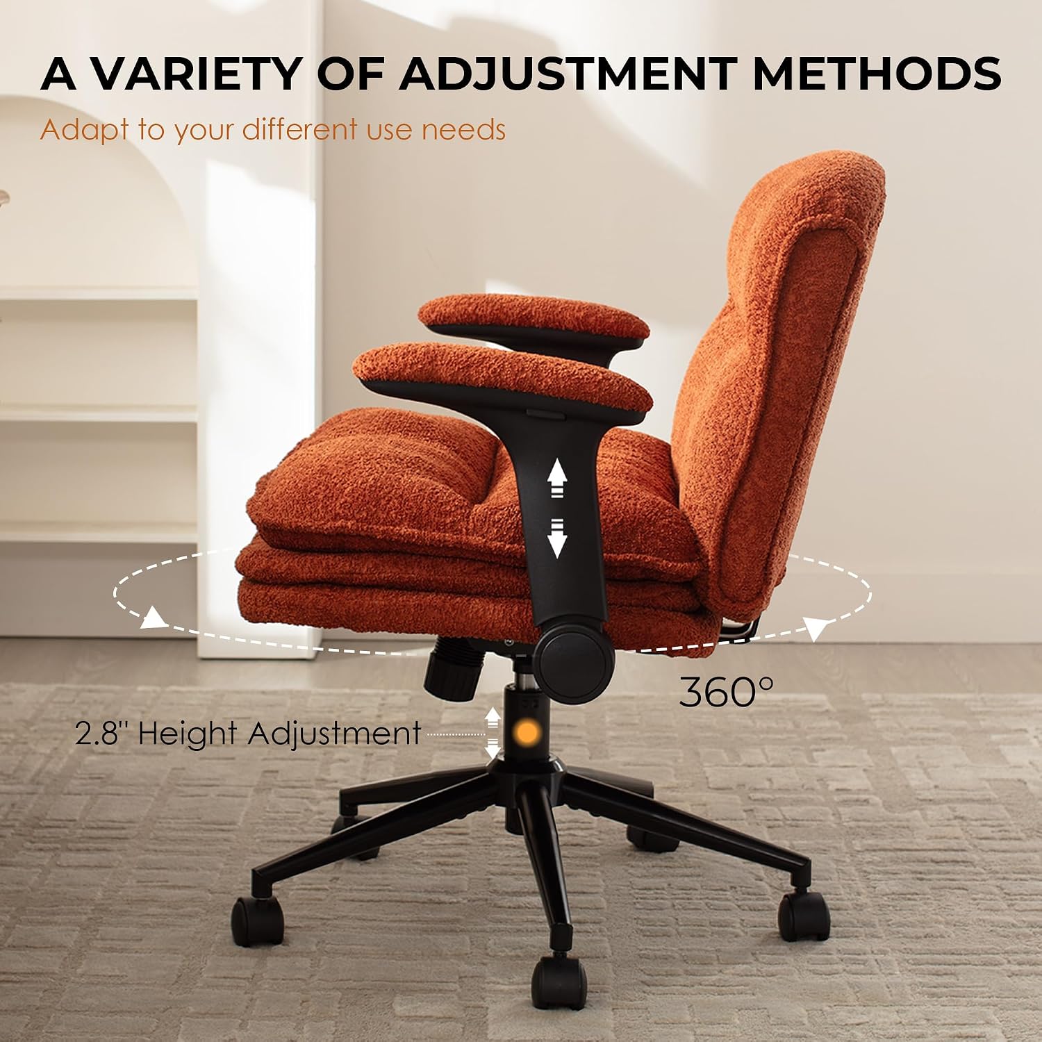 Dowinx Criss Cross Chair with Adjustable Flip-up Arms and Wheels, Comfort Ergonomic Office Desk Armchair with 3 Layer Cushions, Wide Seat Vanity Chair for Home Office, Living Room, Bedroom, Orange