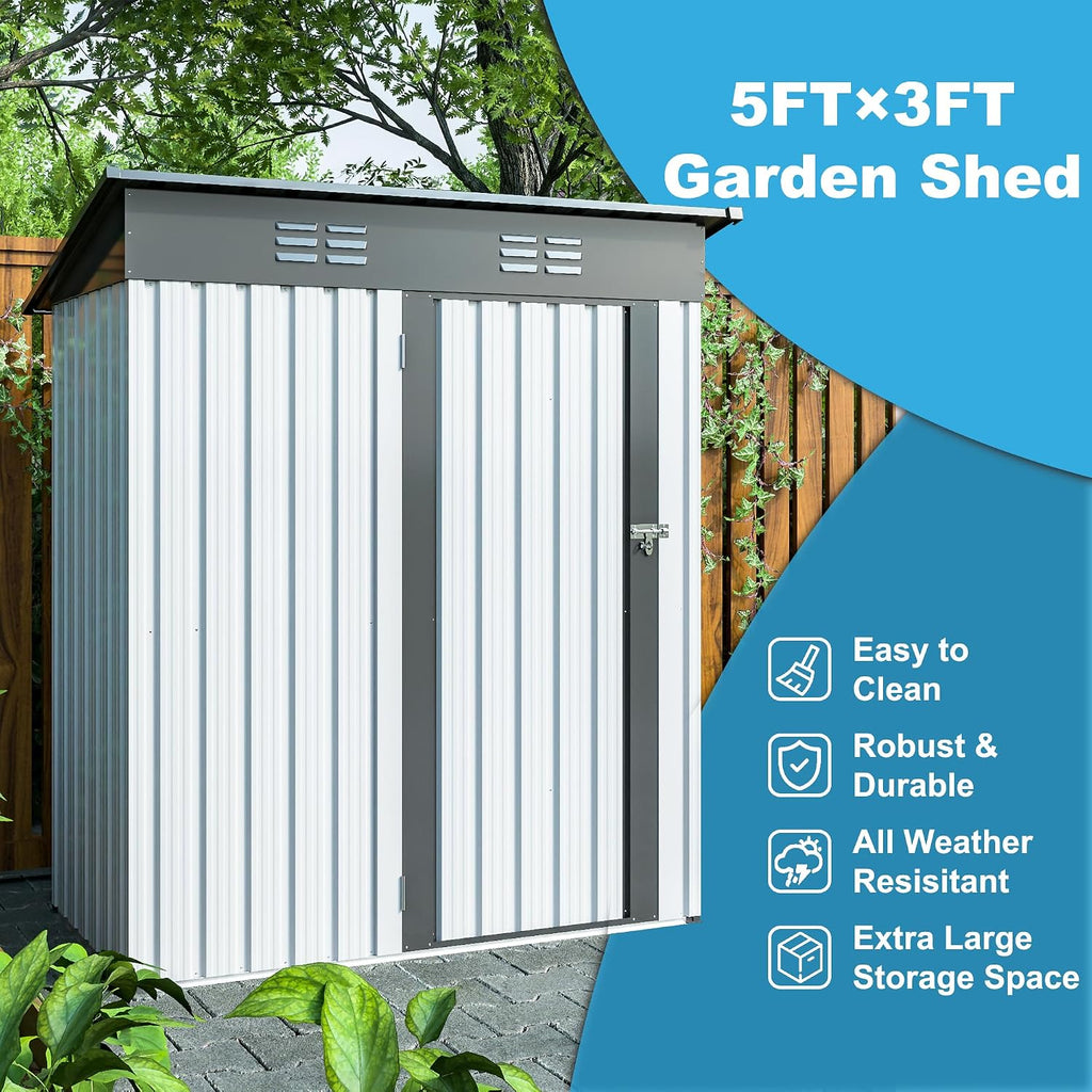 5X3 FT Outdoor Storage Shed, Waterproof Metal Garden Sheds with Lockable Door, Steel Tool Storage Buildings Shed & Outdoor Storage House for Garden, Backyard, Patio, Lawn, Trash Cans(White)