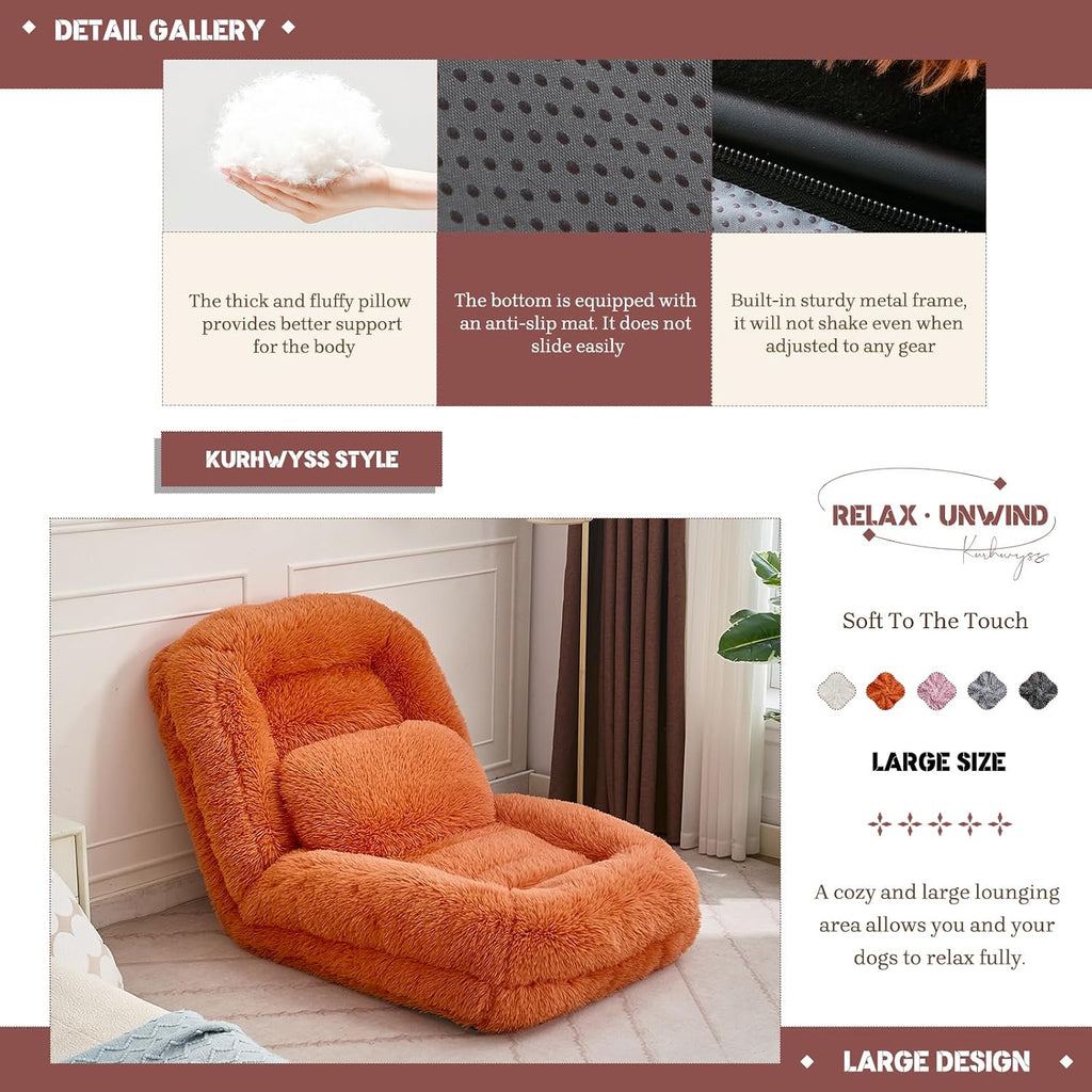 Upholstered Human Dog Bed for Adult & Pets, Convertible Lazy Sofa Bed with 5 Adjustable Position, Comfy Tatami Bean Bag Lounge Chair with a Soft Pillow for Bedroom Living Room (Orange Fluffy)