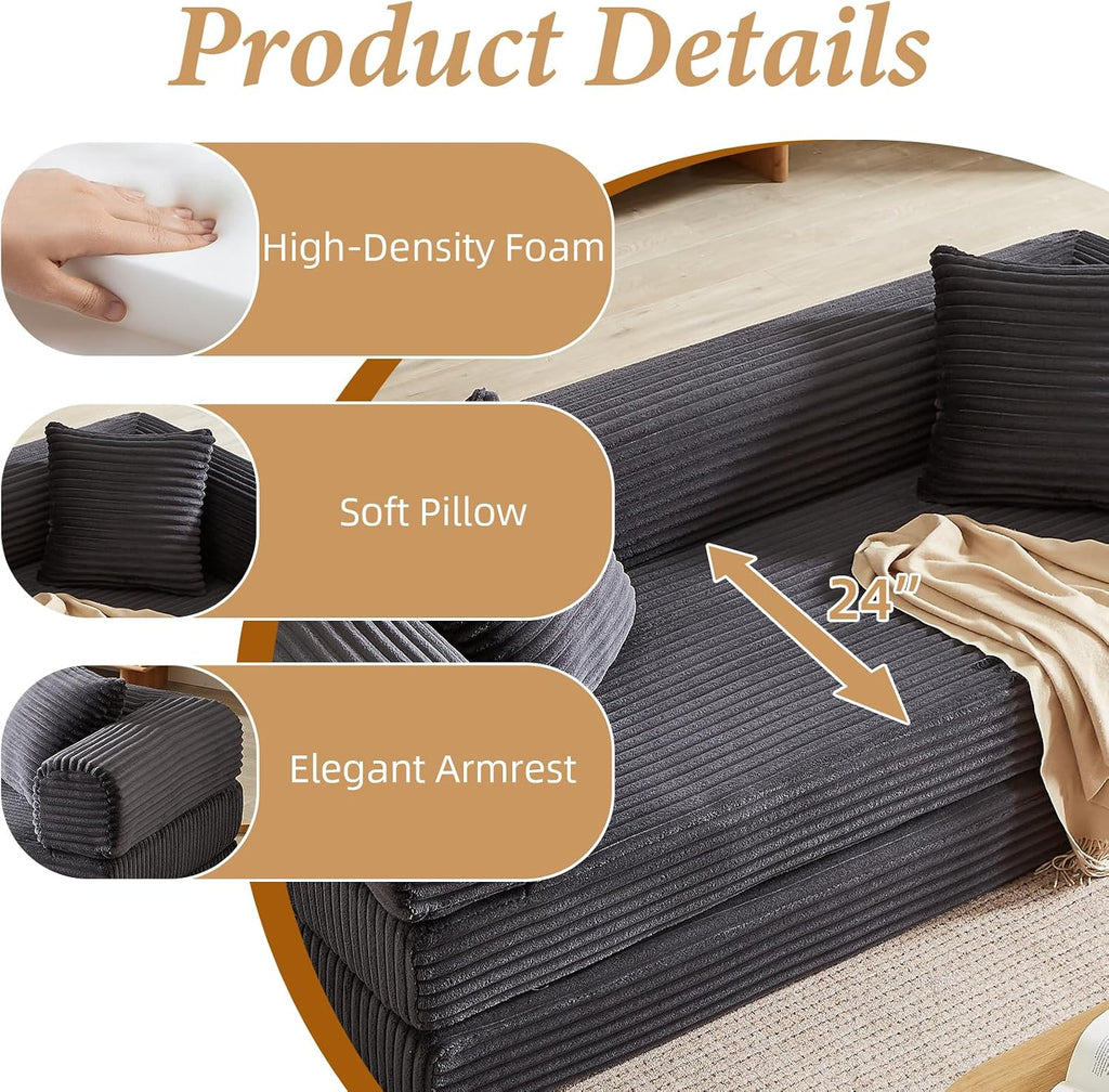 78 Inch Convertible Futon Sofa Bed,Folding Boneless Couches with Sleeper Sofa,Fold Out Floor Sofa Couch with Deep Seat,Cloud Corduroy Foldable Mattress Couch for Living Room (Dark Grey)