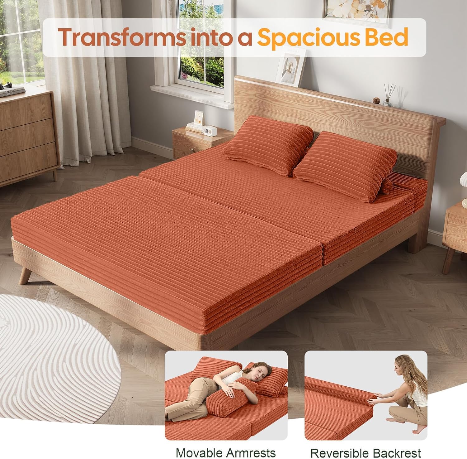 MeMoreCool Convertible Sofa Bed, Folding Floor Couch Bed Queen, Pull Out Sleeper Couch with Pillows, Fold Out Futon Sofa for Bedroom Living Room Small Space, Corduroy Orange