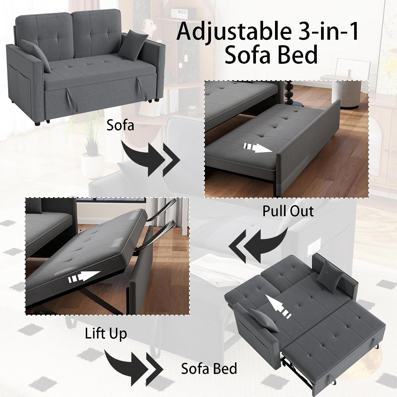 Grey Convertible Sofa Bed: 3 in 1 Sleeper Sofa Couch Bed, Pull Out Couch with Adjustable Backrest, Velvet Convertible Loveseat Sleeper, for Living Room (Grey)