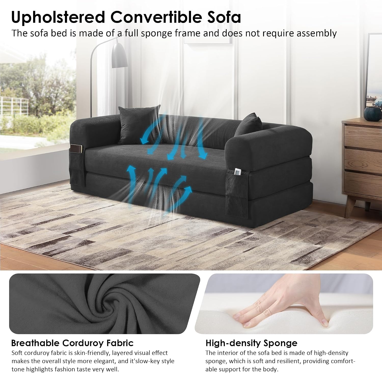 80' Convertible Sofa Bed, Corduroy Deep Seat Folding Pull Out Couch with Pillows, No Assembly Modern Boneless Couch Compression Sofa in Box, Floor Sofa with Storage Pocket for Living Room,Dark Grey