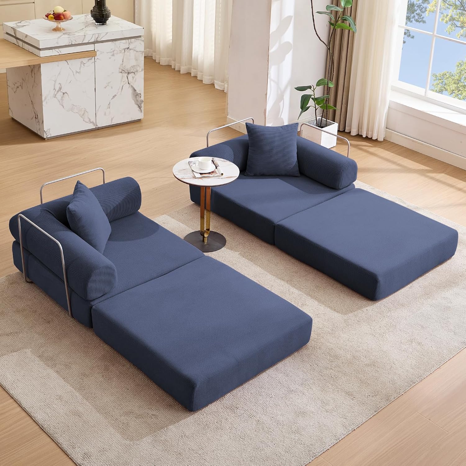 73' Convertible Modular Folding Sofa Bed, 5-in-1 DIY Combination Fold Out Sleeper Sofa Bed, Loveseat sleeper Couch with Removable Armrests, Corduroy Floor Couch, Small couches for small spaces, Blue