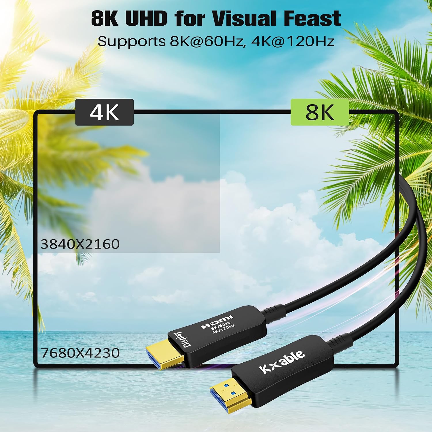 8K HDMI Fiber Optic Cable 300FT, HDMI 2.1 48Gbps Ultra High Speed Cord, 8K@60Hz, 4K@120Hz, 3D Dynamic HDR/eARC/HDCP 2.3, Compatible with Laptop/Monitor/Projector, PS5, Xbox, HDTV, Blu-ray & More