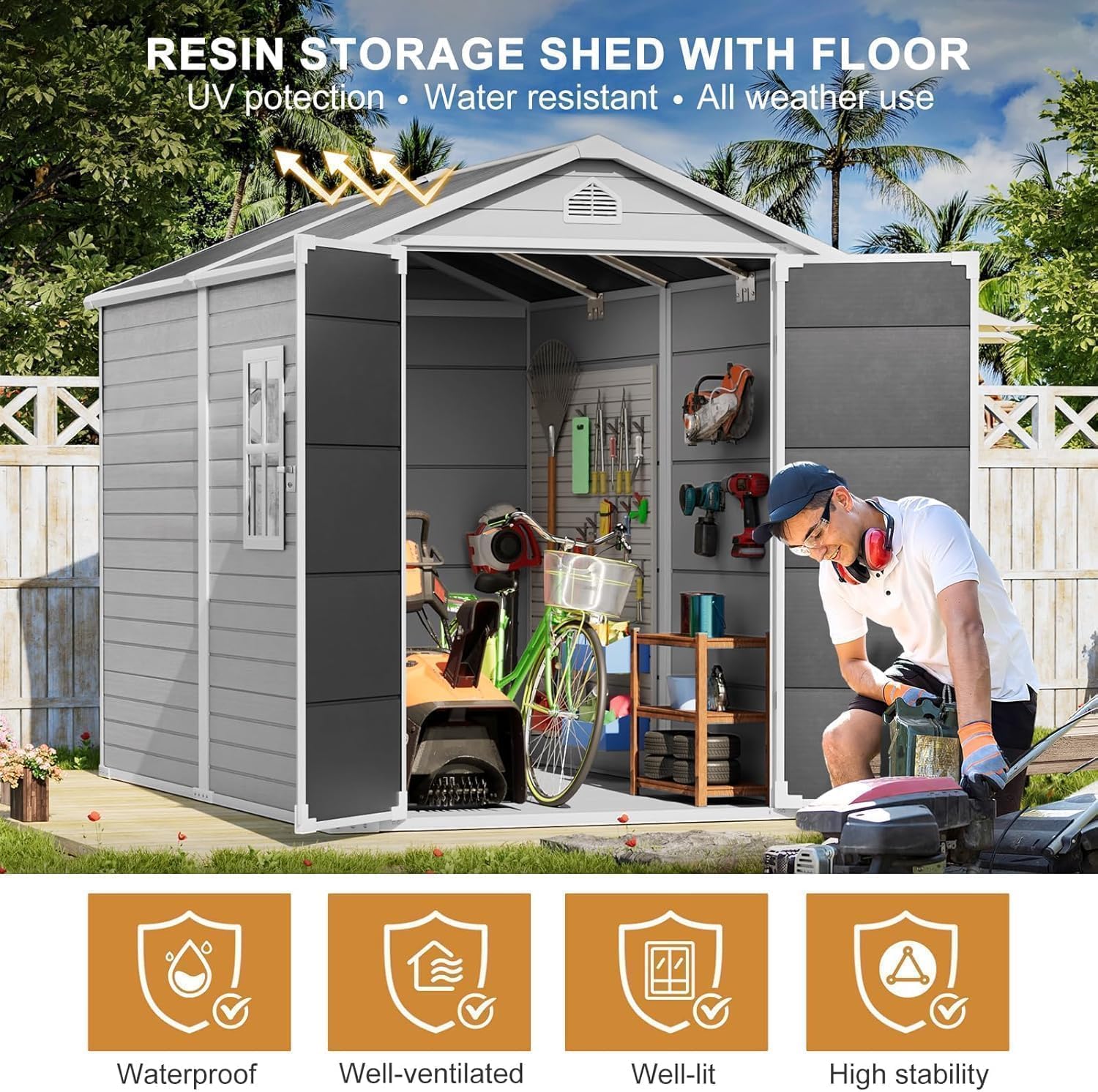 Restland 6x8 FT Resin Shed with Floor Waterproof Outdoor Storage Plastic Shed with Window & Lockable Door Large Garden Sheds for Backyard, Patio