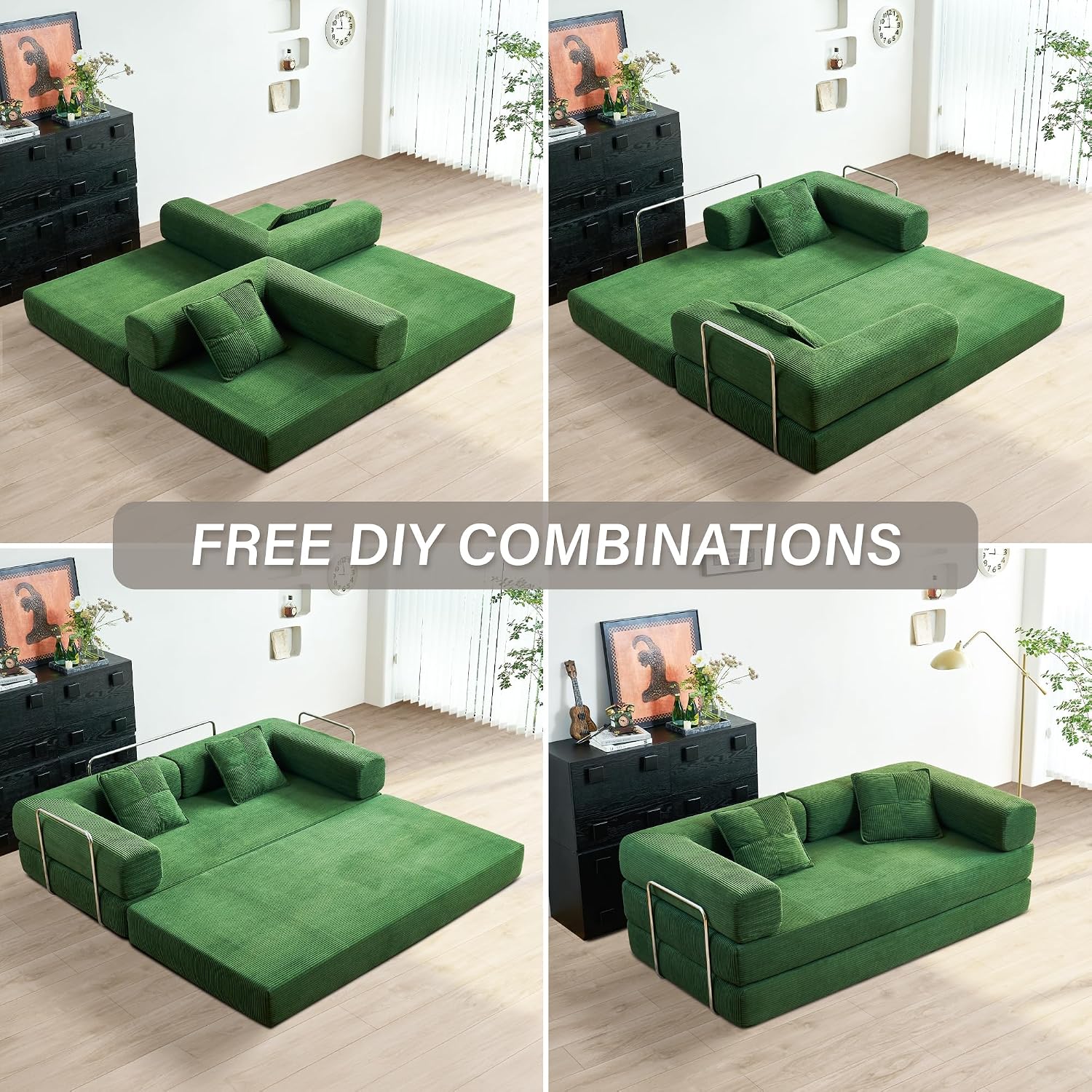 YINIX Foldable Sofa Bed, 78'' Folding Floor Couch, Compressed Convertable Sleeper Sofa, Memory Foam Couch with Pillow Back Support Armrest, 4-in-1 Futon Sofa Bed for Living Room, Green