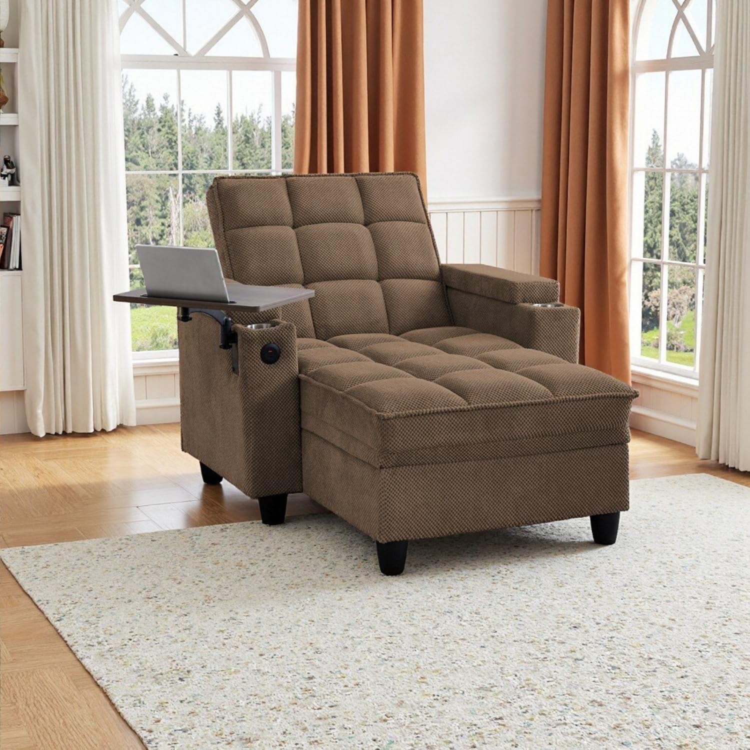 oaaktu Single Modern Comfy Upholstered Chaise Lounge Sofa Chair with Rotating Side Table,Storage,Pillow,USB Charging Ports and Adjustable Backrest Perfect for Living Room, Small Spaces (Coffee)