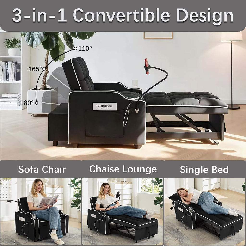 Convertible Armchair Sofa Bed with USB Port & Phone Holder, Pull-Out Single Chair Bed Sleeper for Small Spaces, Modern Upholstered Recliner Chair (Black)