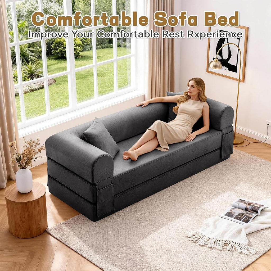 Convertible Folding Sofa Bed,78.5 Inch Faux Leather Futon Couch with Pillows & Storage Pocket,5-in-1 Queen Sleeper Sofa in a Box with Pull Out Bed,Boneless Couch for Living Room Bedroom,Gray