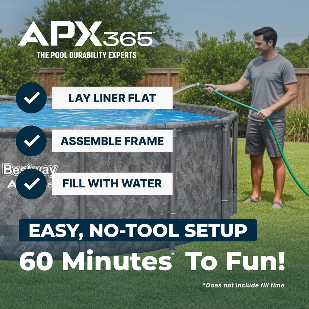 Bestway APX 365 16' x 48' Above Ground Pool, Round Metal Frame Outdoor Swimming Pool Set with Sand Filter Pump, Ladder, and Cover, Dark Marble