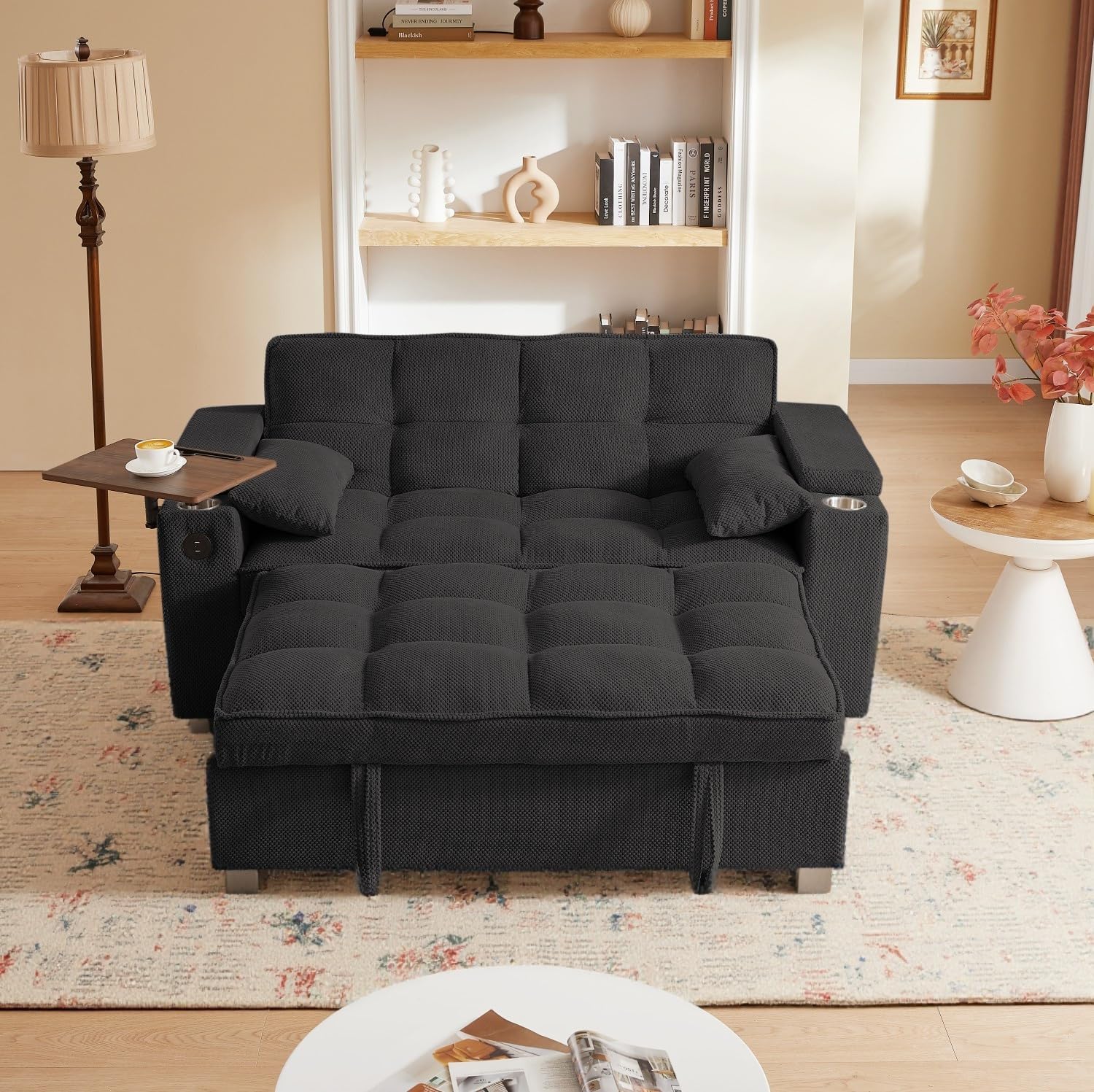 oaaktu Large Size Convertible Sleeper Sofa Bed,Polka dot Velvet Pull Out Futon Couch with Storage handrails & Rotating Side Tables,Convertible Sofa Couch for Living Room,RV
