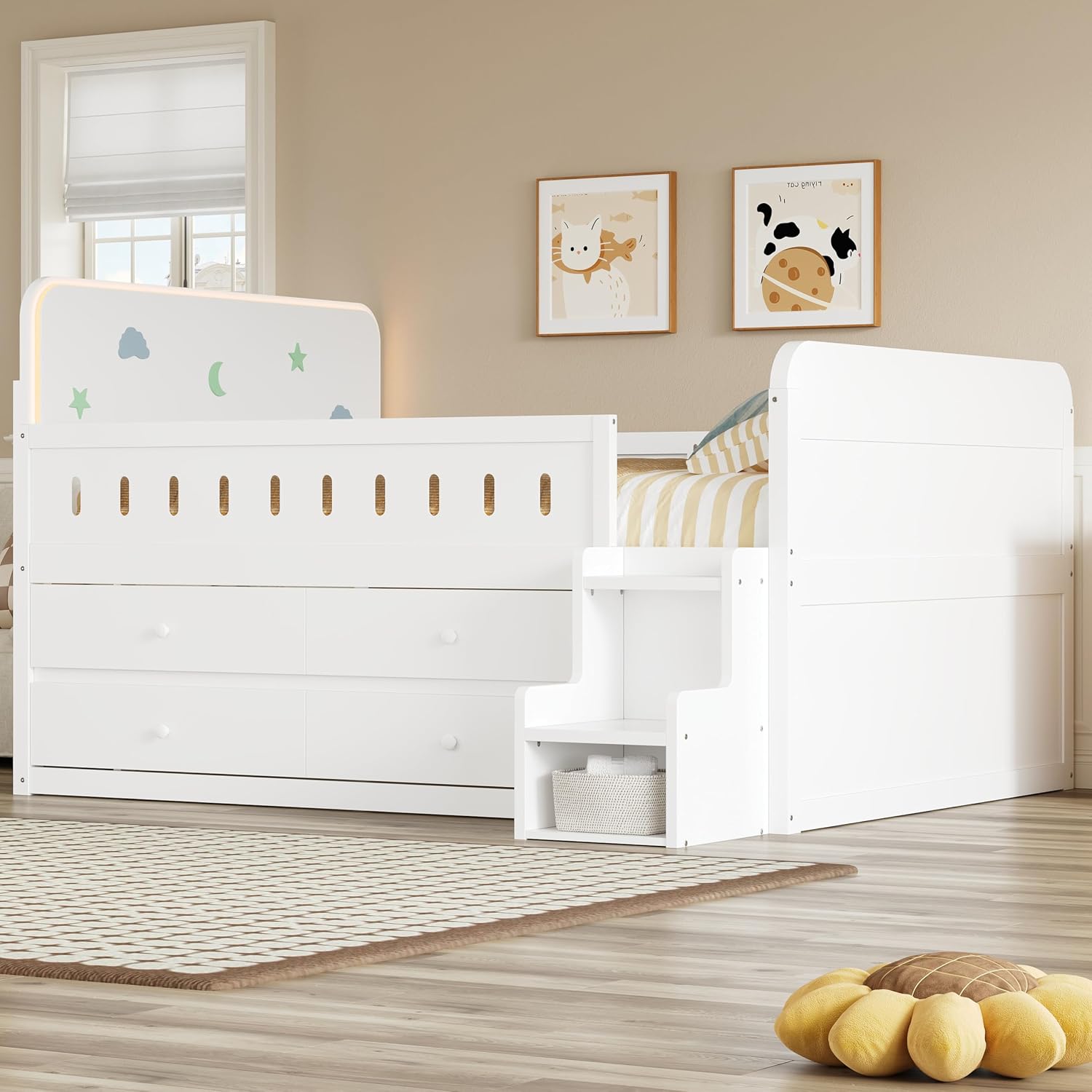 Harper & Bright Designs Kids Full Bed Frame with Drawers and LED Headboard,Wood Montessori Floor Platform Bed with 2-Steps Stairs and Safety Guardrails for Boys Girls,Space Saving,White