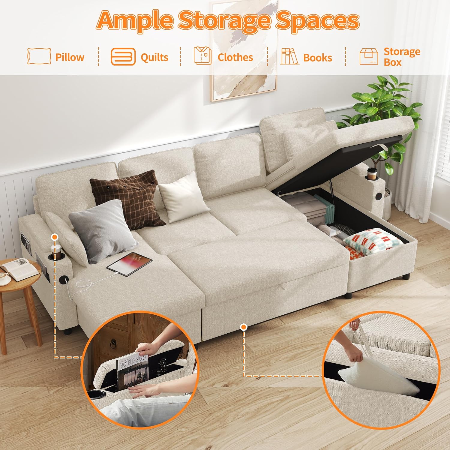 DURASPACE 104.3'' Sleeper Couch Pull Out Sofa Bed 2 in 1 Convertible Sofa Sleeper with Storage, U Shaped Sectional Couch Bed for Small Spaces Living Room Bedroom Apartment (Beige)