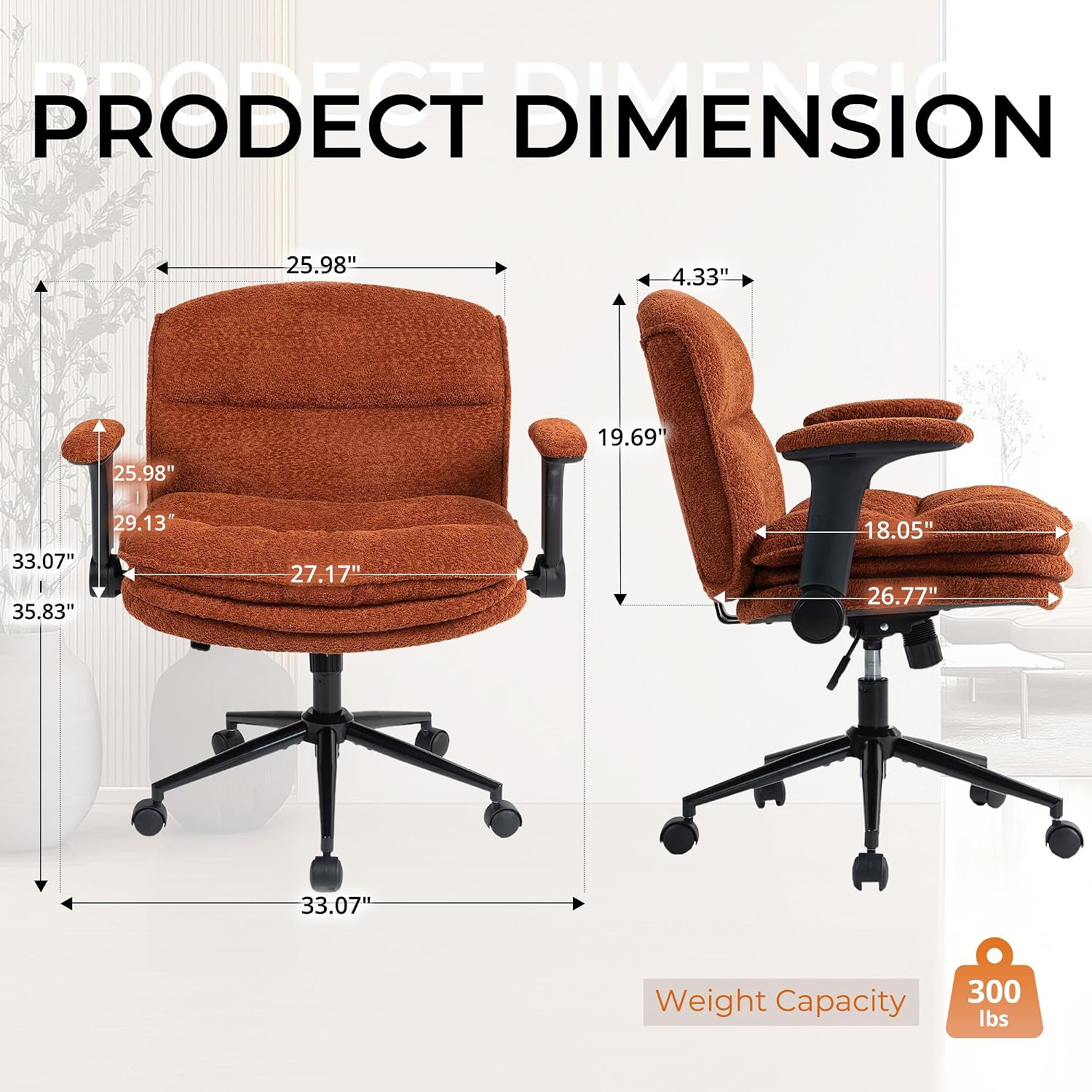 Dowinx Criss Cross Chair with Adjustable Flip-up Arms and Wheels, Comfort Ergonomic Office Desk Armchair with 3 Layer Cushions, Wide Seat Vanity Chair for Home Office, Living Room, Bedroom, Orange