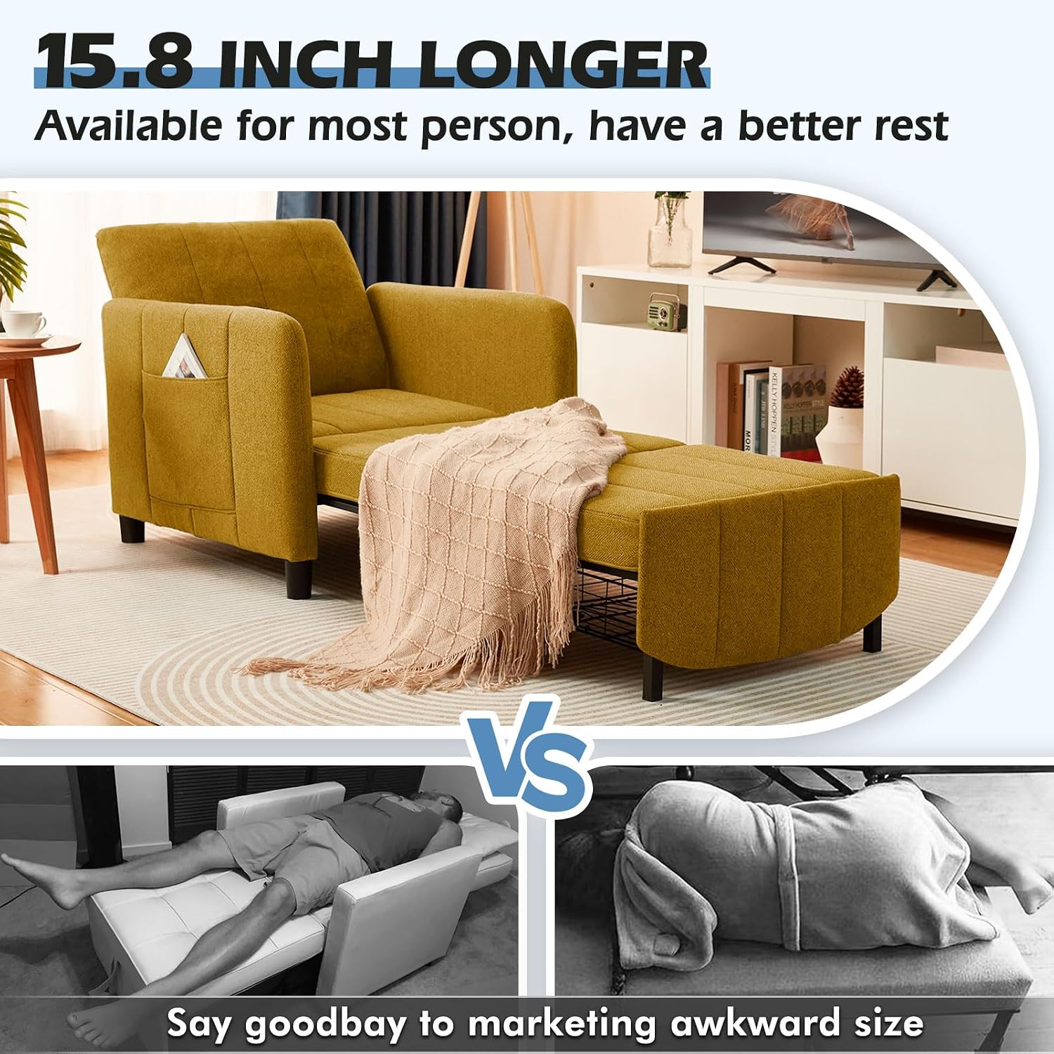 ZZW Sleeper Chair 84' Extra Long Convertible Chair Bed Upgraded 3-in-1 to 4-in-1 Pull Out Chair & Single Sofa Bed for Adult Sleeping Chairs for Living Room & Small Space
