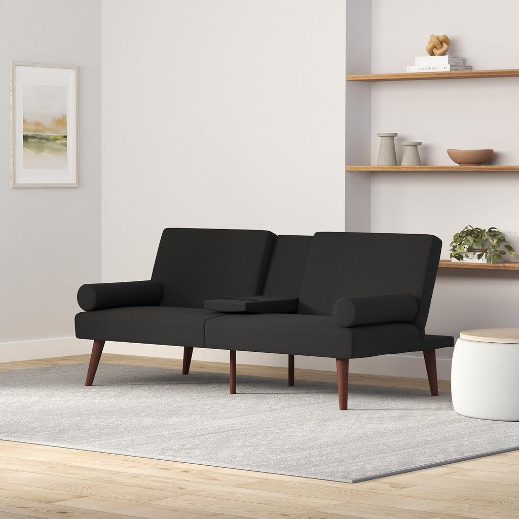 Best Choice Products Mid-Century Modern Upholstered Futon, Convertible Folding Sofa Bed, Small Couch w/Rounded Armrests, 2 Cupholders - Black