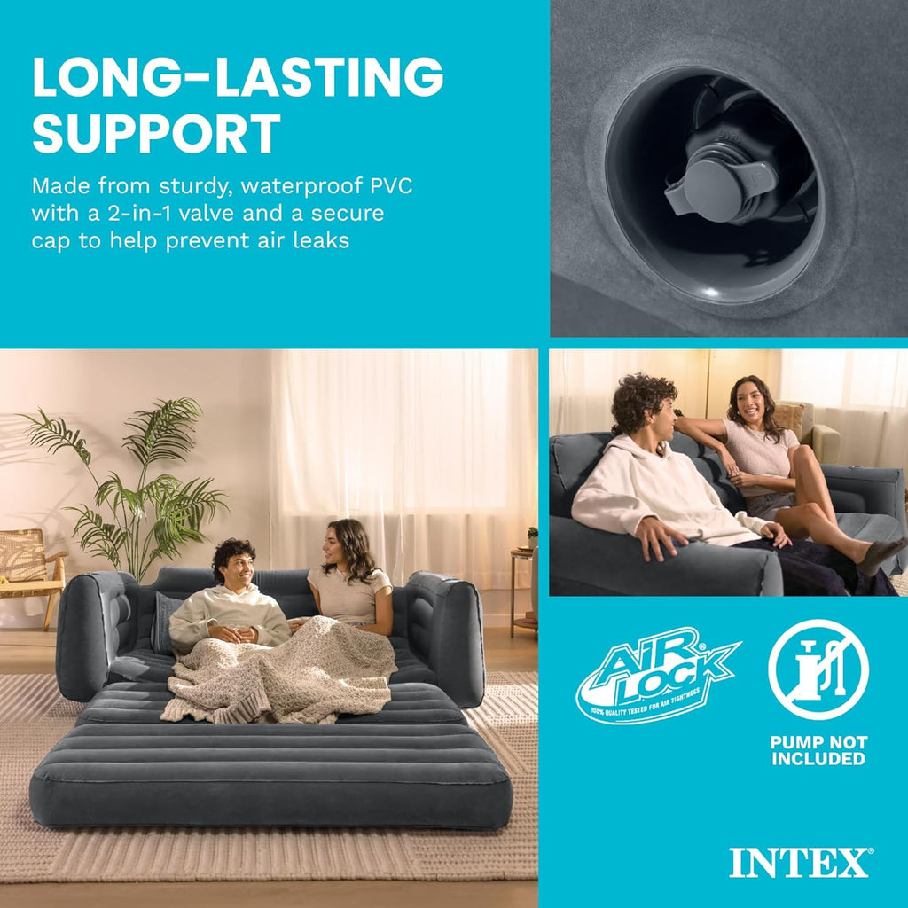 Intex 2 in 1 Inflatable Pull Out Sofa and Queen Size Air Bed Mattress with Cup Holders for Indoor and Outdoor Use for Adults (2 Pack), Charcoal Gray