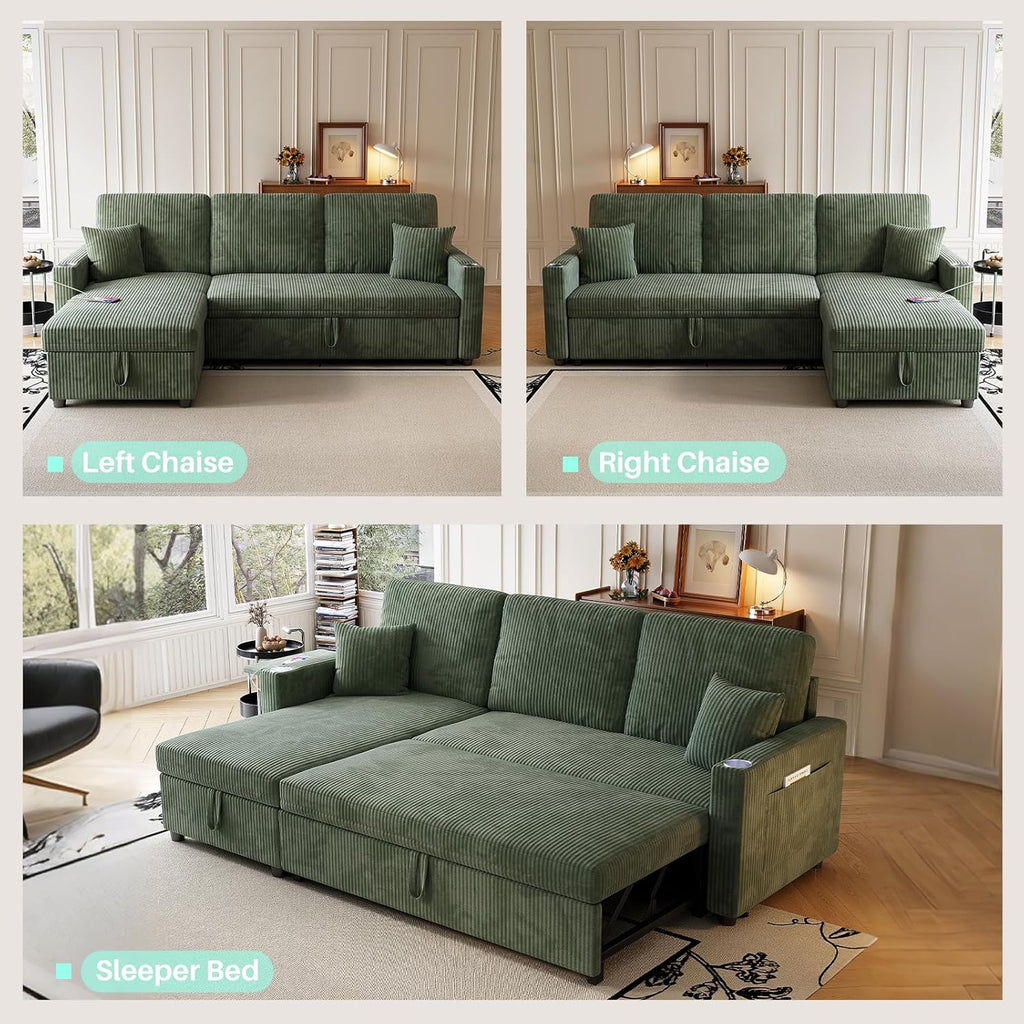 Sleeper Sectional Sofa, 83' Convertible Sofa Bed with Pull Out Couches, Small Desktop, L Shaped Couch with Reversible Chaise, Cup Holders, USB, Modern Corduroy Sofas for Living Room Apartment, Green